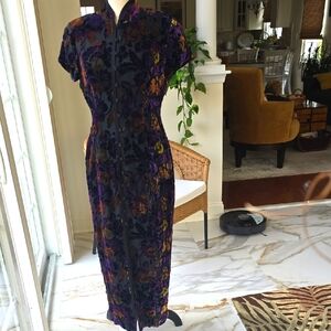 Elegant Purple Tan Floral Cut Velvet on Black Maxi Dress